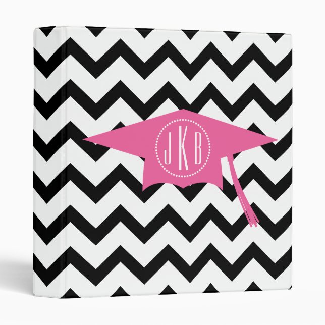 Monogram Graduation Cap Pink + Black Chevron Binder (Front/Spine)