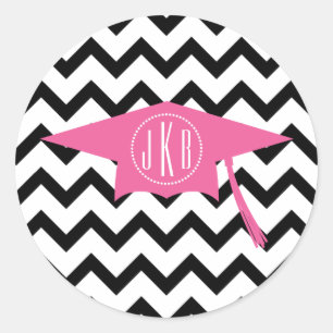 Monogram Graduation Cap Pink + Black Chevron Classic Round Sticker
