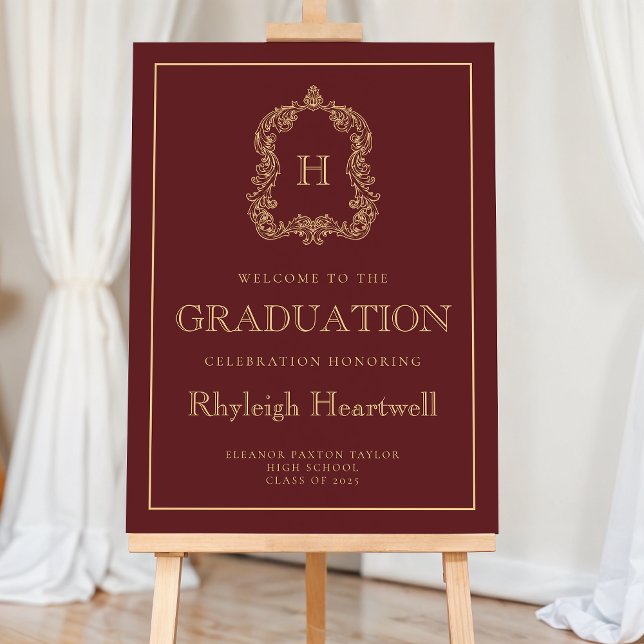 Monogram Graduation Party Welcome Burgundy Gold Foam Board (Creator Uploaded)