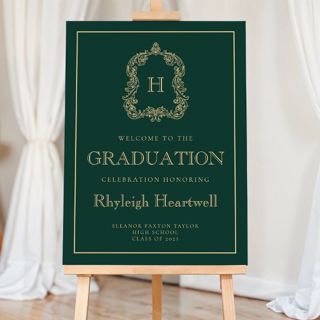 Monogram Graduation Party Welcome Green Gold Foam Board (Creator Uploaded)