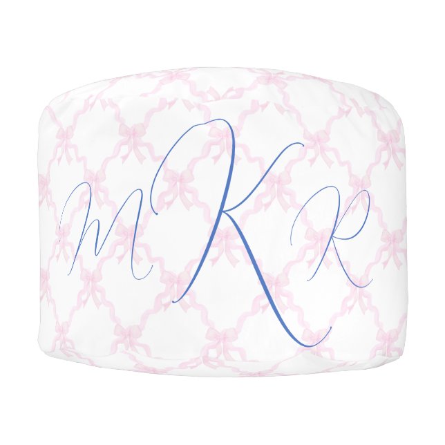 Monogram Grandmillennial Bows Trellis Preppy Pink Pouf (Front)