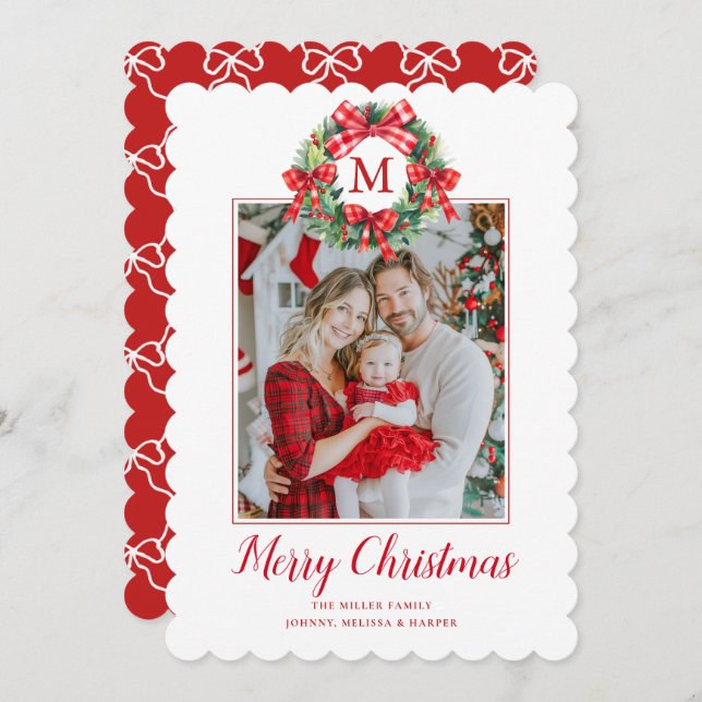 Monogram Grandmillennial Christmas Wreath Bows Holiday Card (Front/Back)