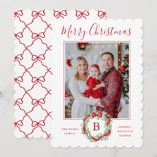Monogram Grandmillennial Christmas Wreath Bows Holiday Card (Front/Back)