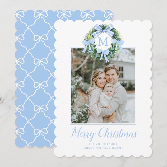 Monogram Grandmillennial Christmas Wreath Bows Holiday Card (Front/Back)