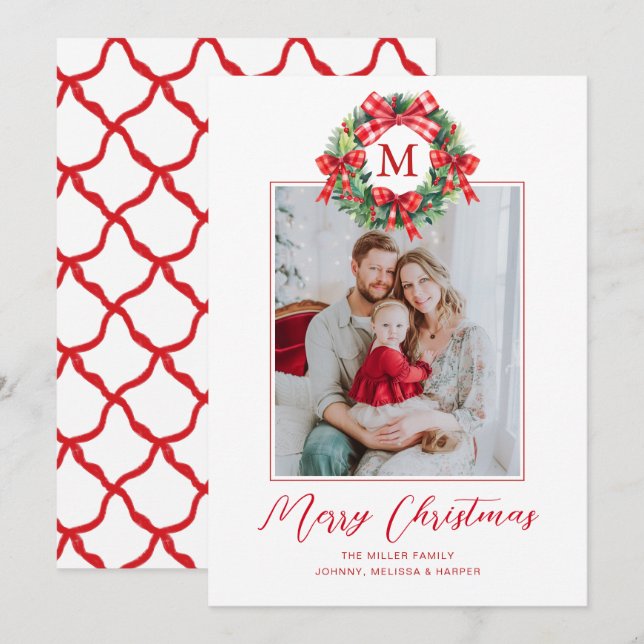 Monogram Grandmillennial Christmas Wreath Bows Holiday Card (Front/Back)
