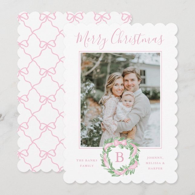 Monogram Grandmillennial Christmas Wreath Bows Holiday Card (Front/Back)