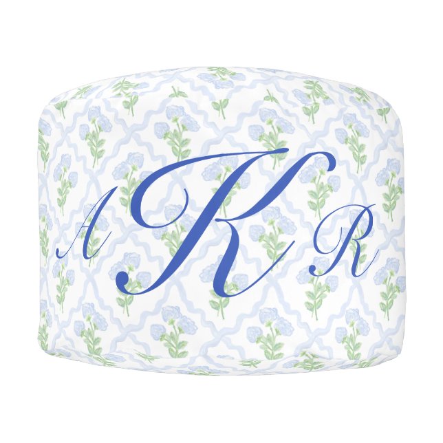 Monogram Grandmillennial Hydrangeas  Trellis Pouf (Front)