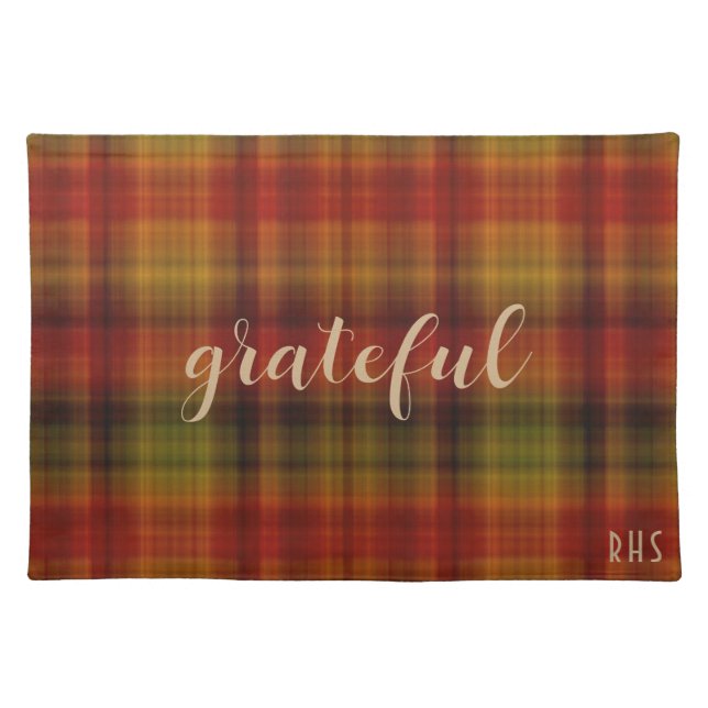 Monogram, Grateful, Autumn Plaid Pattern, 20x14 Cloth Placemat (Front)