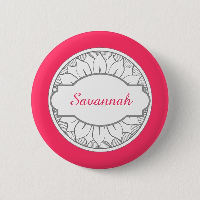 Monogram Gray and Pink Modern Medallion Pattern Button (Front)