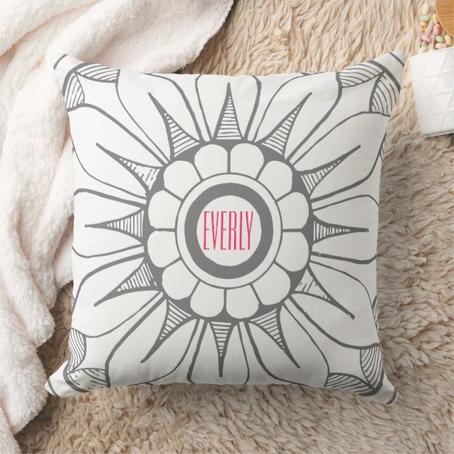 Monogram Gray and Pink Modern Medallion Pattern Throw Pillow (Blanket)