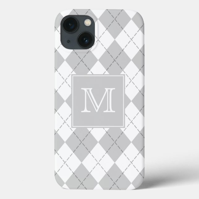 Monogram Gray and White Argyle Case-Mate iPhone Case (Back)