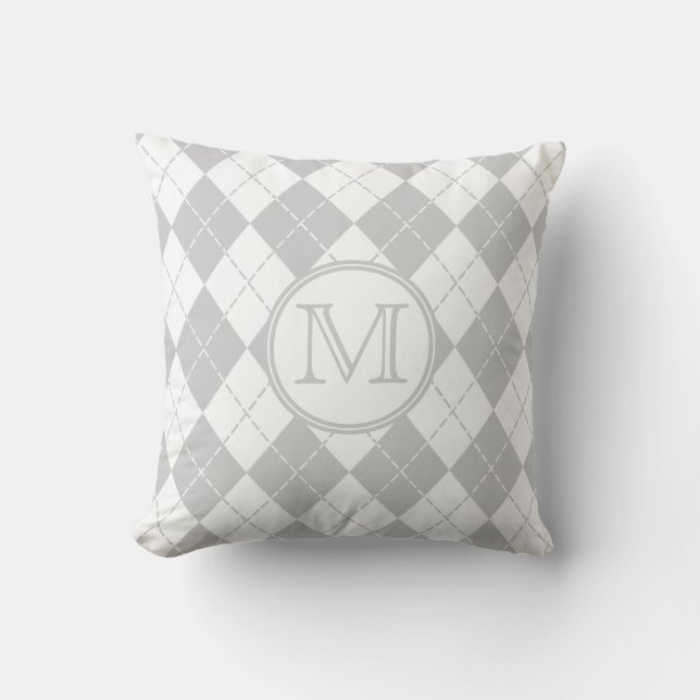 Monogram Gray and White Argyle Throw Pillow (Front)