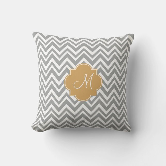 Monogram Gray and White Chevron Pattern with Gold Throw Pillow (Front)