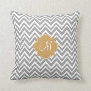 Monogram Gray and White Chevron Pattern with Gold Throw Pillow