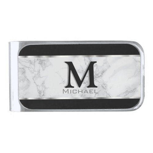 Monogram _ Gray and White Marble Silver Finish Money Clip