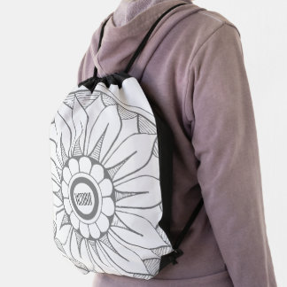 Monogram Gray and White Modern Medallion Pattern Drawstring Bag