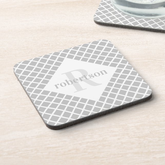 Monogram Gray and White Modern Pattern Beverage Coaster (Left Side)