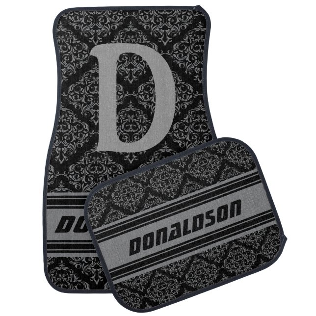 Monogram Gray & Black Damask | DIY Name Car Floor Mat (Set)
