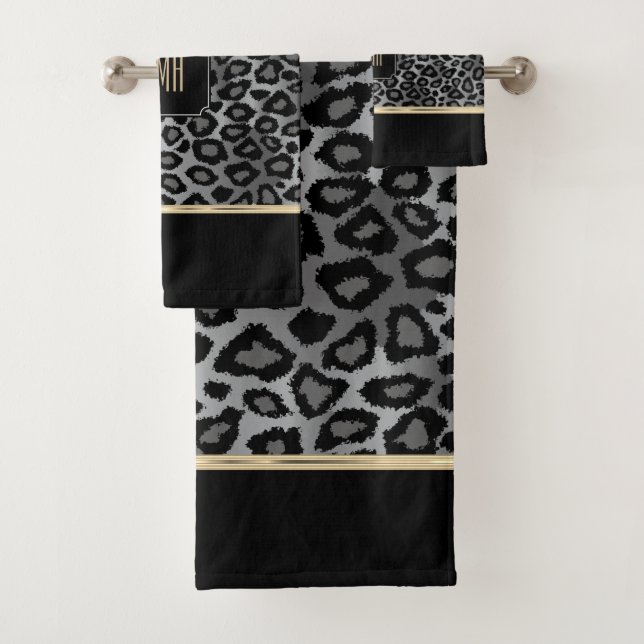  Monogram Gray & Black Leopard with Gold Band Bath Bath Towel Set (Insitu)