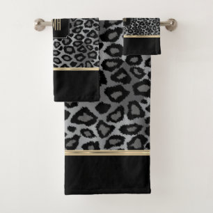  Monogram Gray & Black Leopard with Gold Band Bath Towel Set