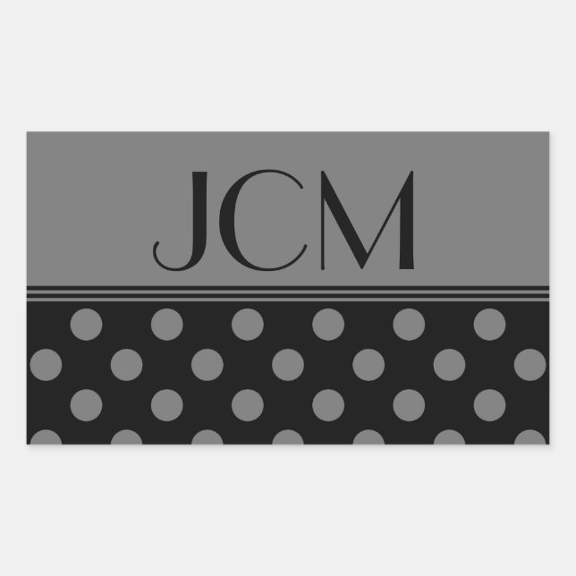 Monogram Gray/Black Polka Dot Rectangular Sticker (Front)