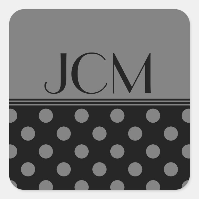Monogram Gray/Black Polka Dot Square Sticker (Front)