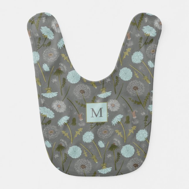 Monogram Gray Blue Dandelion Flowers Baby Bib (Front)