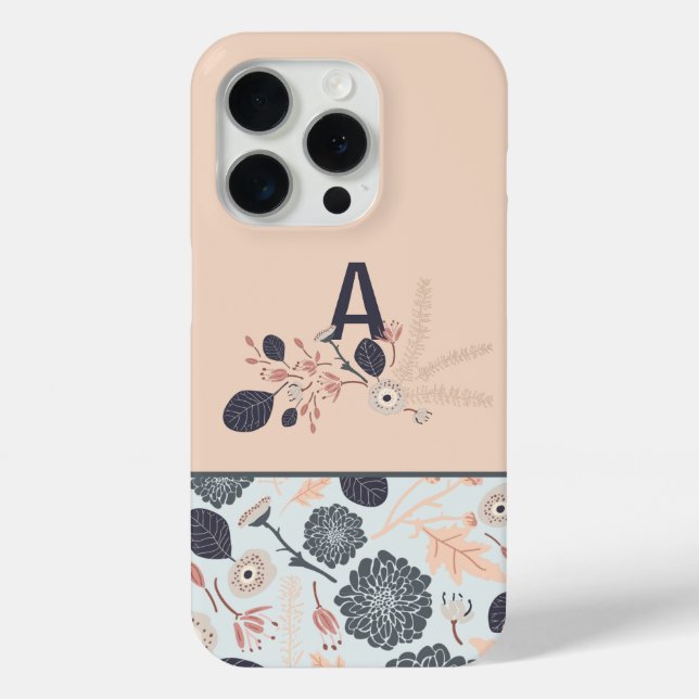 Monogram Gray Blue Peach Floral Case-Mate iPhone Case (Back)