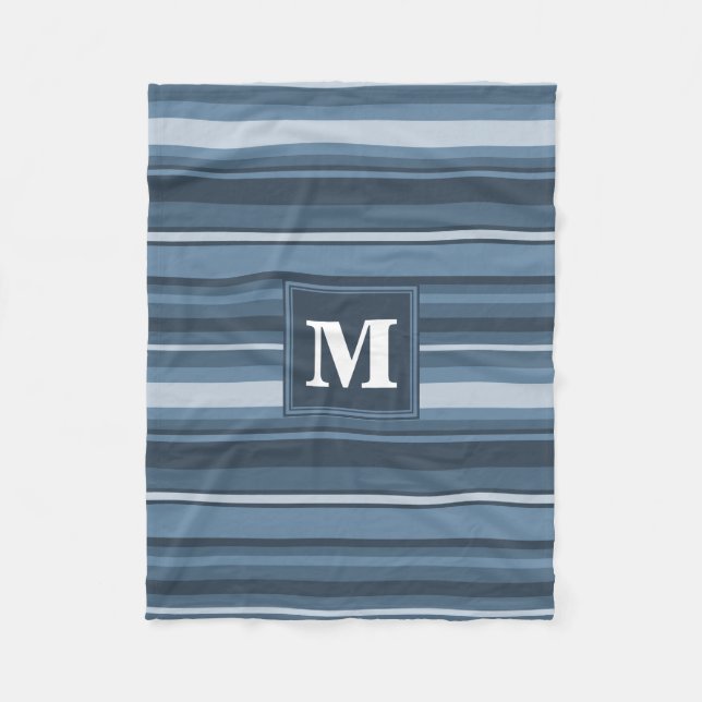 Monogram gray-blue stripes fleece blanket (Front)