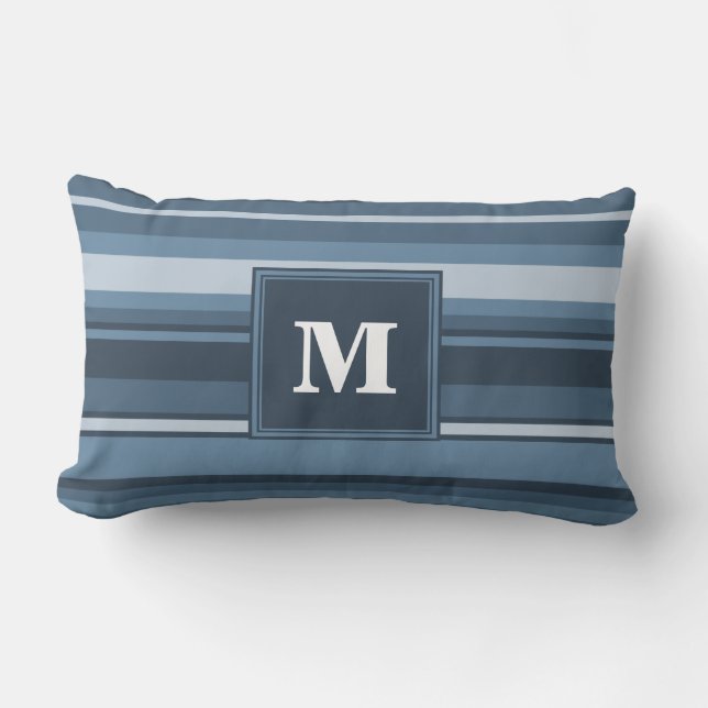 Monogram gray-blue stripes lumbar pillow (Front)