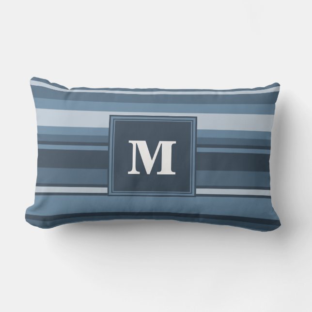 Monogram gray-blue stripes lumbar pillow (Front)