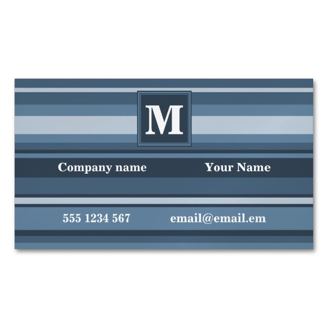 Monogram gray-blue stripes magnetic business card (Front)