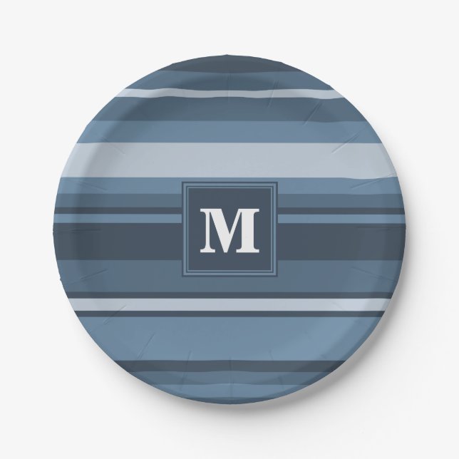 Monogram gray-blue stripes paper plates (Front)