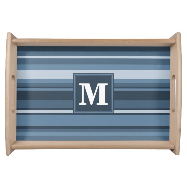 Monogram gray-blue stripes serving tray (Front)