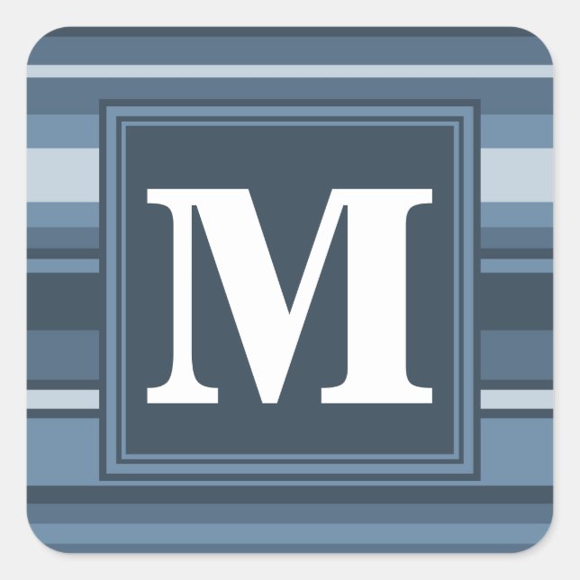 Monogram gray-blue stripes square sticker (Front)