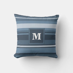 Monogram gray-blue stripes throw pillow