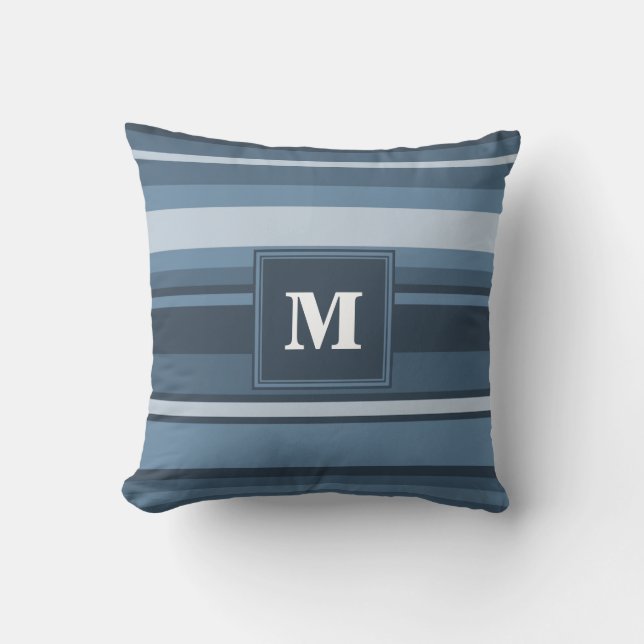 Monogram gray-blue stripes throw pillow (Front)