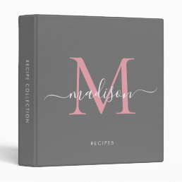 Monogram Gray Blush Pink Script Kitchen Recipe 3 Ring Binder