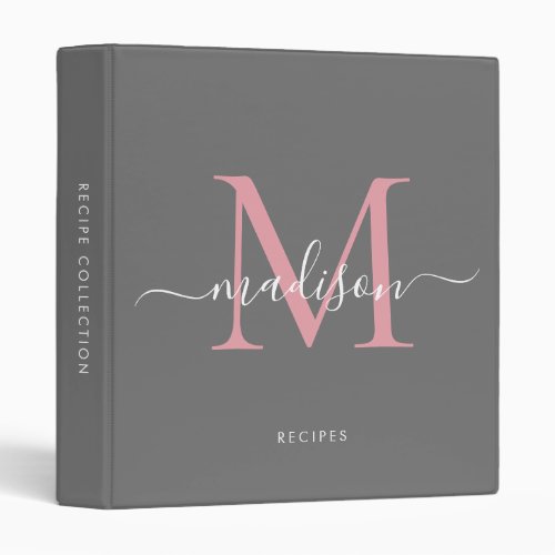 Monogram Gray Blush Pink Script Kitchen Recipe 3 Ring Binder