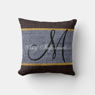 Monogram Gray & Brown Rustic Burlap Jute Throw Pillow