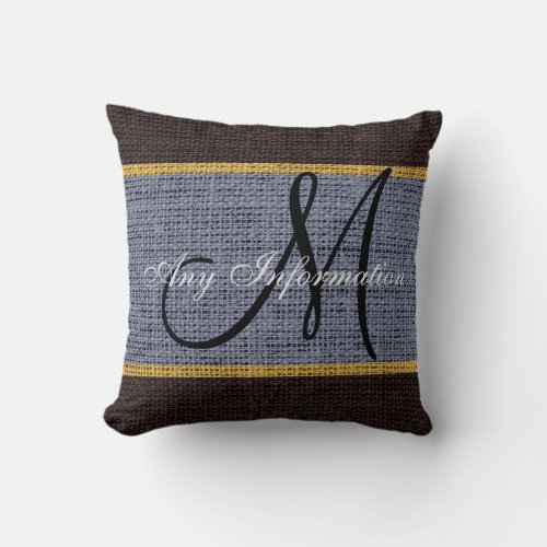 Monogram Gray  Brown Rustic Burlap Jute Throw Pillow