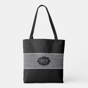 Monogram Gray Burlap on Black Tote Bag