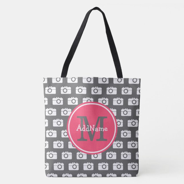 Monogram Gray Camera Pattern & Pink Custom Name Tote Bag (Front)