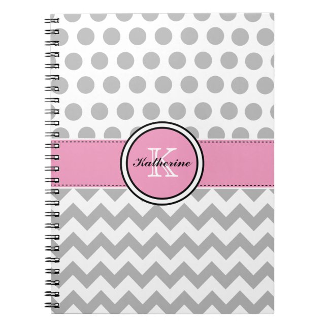 Monogram Gray Chevron and Pink Spiral Notebook (Front)