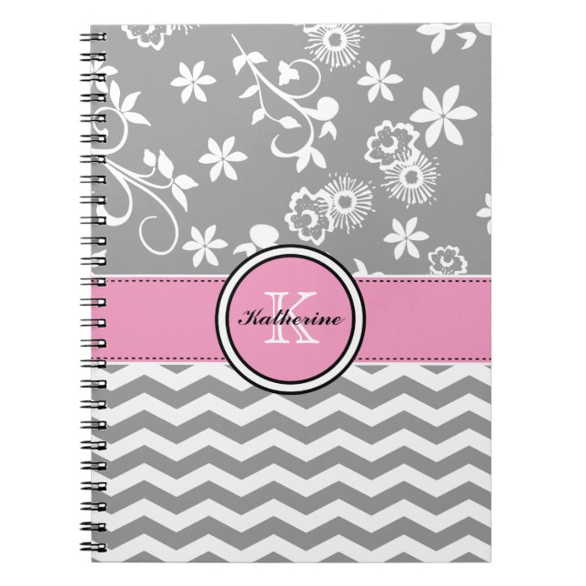Monogram Gray Chevron Floral Pink Spiral Notebook (Front)