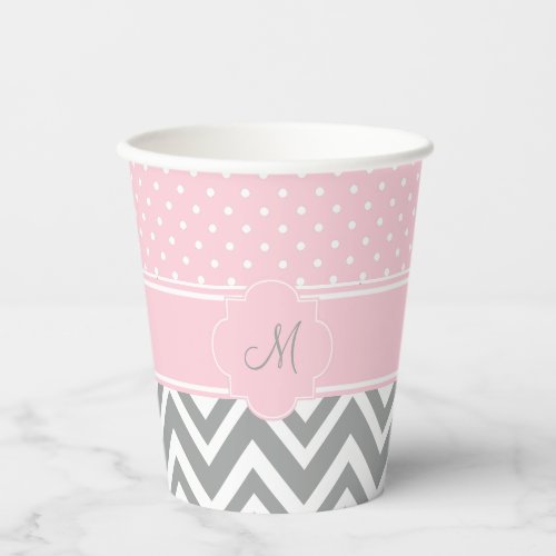 Monogram Gray Chevron with Pastel Pink Polka Dot Paper Cups