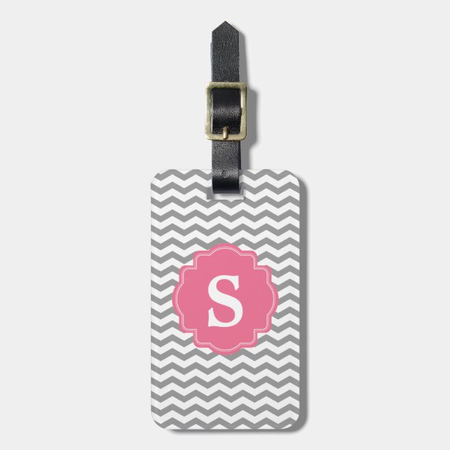 Monogram Gray Chevron Zigzag & Pink Luggage Tag (Front Vertical)