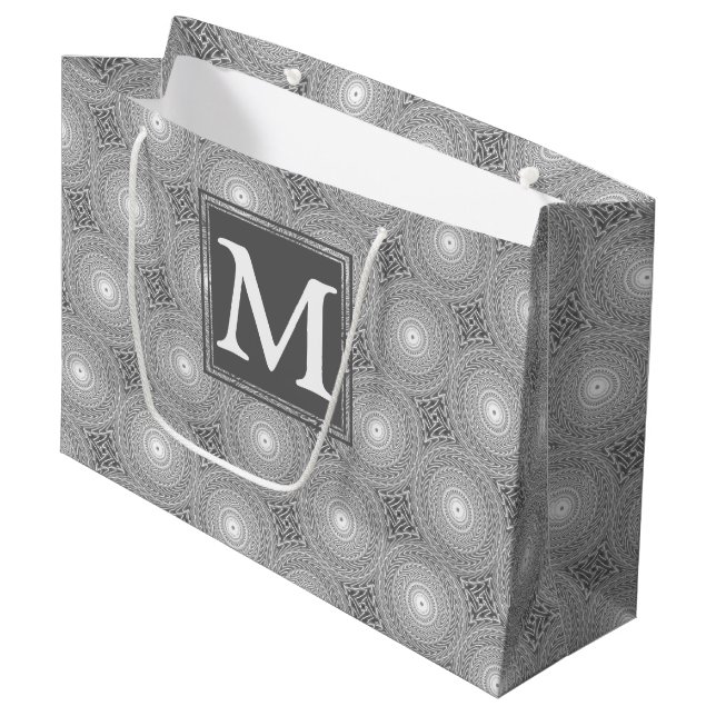 Monogram gray circles pattern large gift bag (Front Angled)