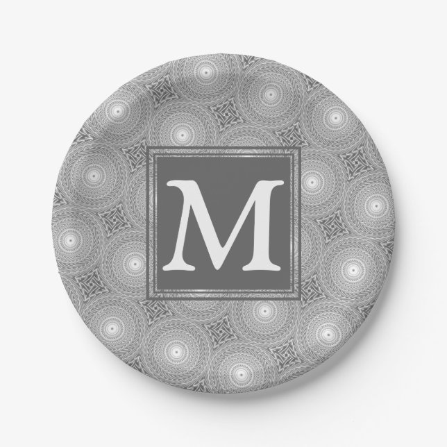 Monogram gray circles pattern paper plates (Front)