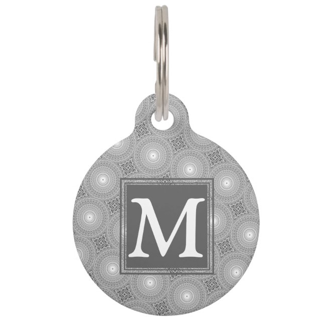 Monogram gray circles pattern pet ID tag (Front)